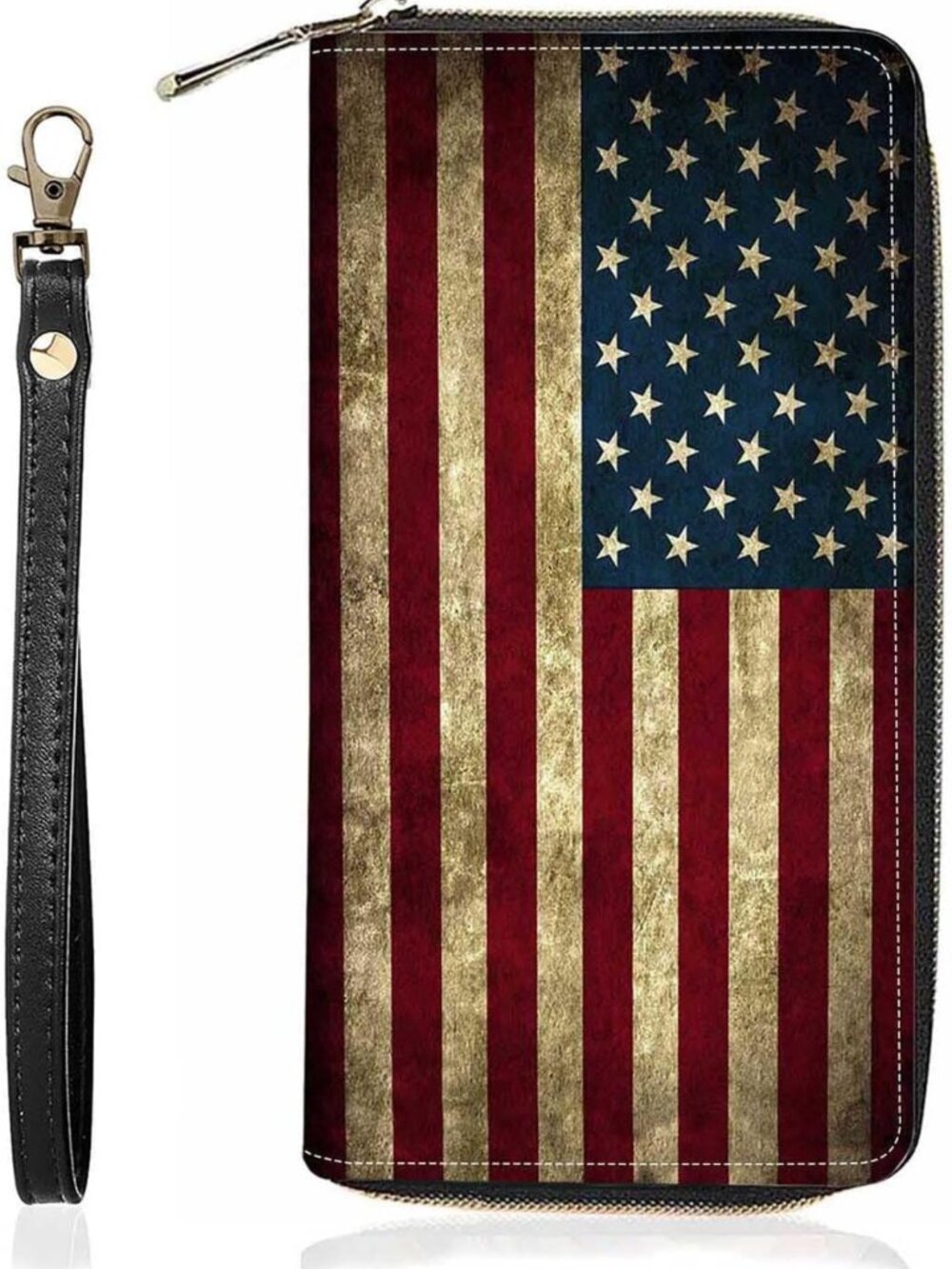 Vintage American Flag Print Large Capacity Wallet - PU Leather Zipper Clutch